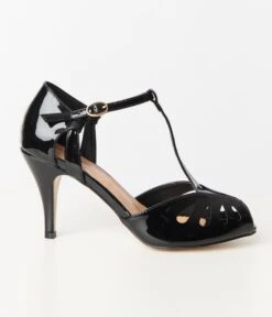 Unique Vintage Black Patent Leatherette Peep Toe T-Strap Everly Pumps -Pleaser Clothing Store unique vintage black patent leatherette peep toe t strap everly pumps 879321