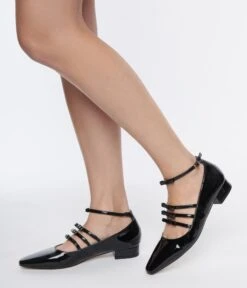 Unique Vintage Black Patent Strappy Bow Mary Jane Shoes