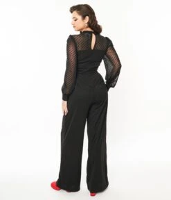 Unique Vintage Black & Polka Dot Long Sleeve Jumpsuit -Pleaser Clothing Store unique vintage black polka dot long sleeve jumpsuit 571705
