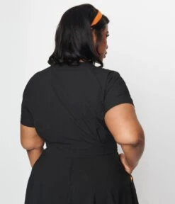 Unique Vintage Black & Pumpkin Button Varsity Crop Cardigan -Pleaser Clothing Store unique vintage black pumpkin button varsity crop cardigan 776380