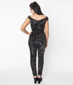 Unique Vintage Black & Rainbow Sequin Gillian Jumpsuit -Pleaser Clothing Store unique vintage black rainbow sequin gillian jumpsuit 836123