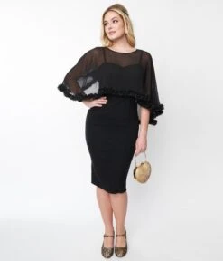 Unique Vintage Black Ruffle Capelet Wiggle Dress -Pleaser Clothing Store unique vintage black ruffle capelet wiggle dress 879401