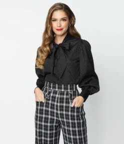 Unique Vintage Black Satin Polka Dot Gwen Blouse -Pleaser Clothing Store unique vintage black satin polka dot gwen blouse 126959