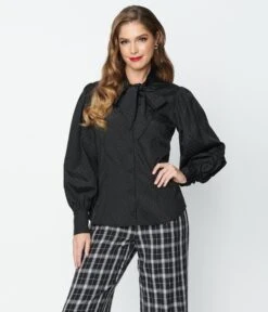 Unique Vintage Black Satin Polka Dot Gwen Blouse -Pleaser Clothing Store unique vintage black satin polka dot gwen blouse 611966