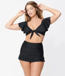Unique Vintage Black Skirted High Waist Alice Swim Bottoms