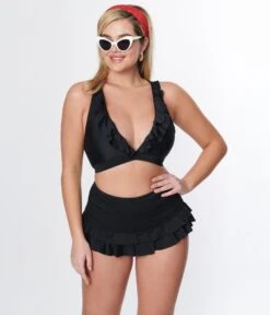 Unique Vintage Black Smocked Ruffle Swim Bottom -Pleaser Clothing Store unique vintage black smocked ruffle swim bottom 928306