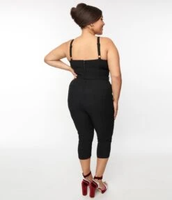 Unique Vintage Black Sweetheart Tie Cropped Jumpsuit -Pleaser Clothing Store unique vintage black sweetheart tie cropped jumpsuit 768532