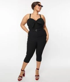 Unique Vintage Black Sweetheart Tie Cropped Jumpsuit -Pleaser Clothing Store unique vintage black sweetheart tie cropped jumpsuit 910102