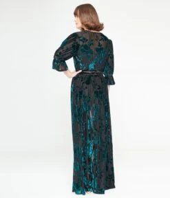 Unique Vintage Black & Teal Floral Velvet Burnout Duster -Pleaser Clothing Store unique vintage black teal floral velvet burnout duster 112620