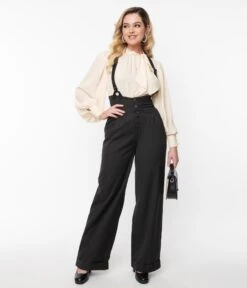 Unique Vintage Black Thelma Suspender Pants -Pleaser Clothing Store unique vintage black thelma suspender pants 754198