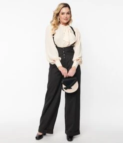 Unique Vintage Black Thelma Suspender Pants -Pleaser Clothing Store unique vintage black thelma suspender pants 937516