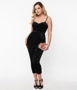 Unique Vintage Black Velvet Cropped Jumpsuit