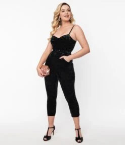 Unique Vintage Black Velvet Cropped Jumpsuit -Pleaser Clothing Store unique vintage black velvet cropped jumpsuit 441349