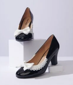 Unique Vintage Black & White Bow Patent Pumps -Pleaser Clothing Store unique vintage black white bow patent pumps 442448