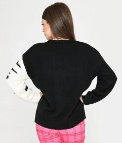 Unique Vintage Black & White Cat Long Sleeve Sweater -Pleaser Clothing Store unique vintage black white cat long sleeve sweater 807346