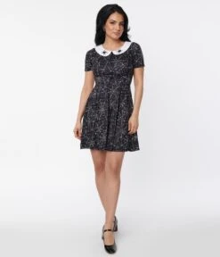 Unique Vintage Black & White Embroidered Spiderweb Margot Fit & Flare Dress -Pleaser Clothing Store unique vintage black white embroidered spiderweb margot fit flare dress 410027