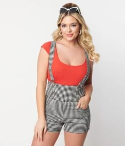 Unique Vintage Black & White Gingham Pinafore Shorts -Pleaser Clothing Store unique vintage black white gingham pinafore shorts 458234