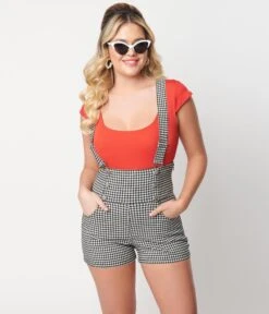 Unique Vintage Black & White Gingham Pinafore Shorts -Pleaser Clothing Store unique vintage black white gingham pinafore shorts 807635
