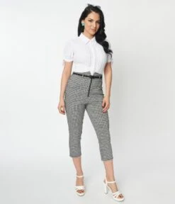 Unique Vintage Black & White Gingham Yoke Waist Capris -Pleaser Clothing Store unique vintage black white gingham yoke waist capris 407411