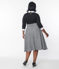 Unique Vintage Black & White Houndstooth High Waist Vivien Swing Skirt -Pleaser Clothing Store unique vintage black white houndstooth high waist vivien swing skirt 678217