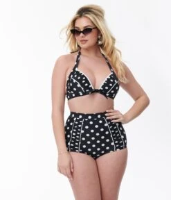 Unique Vintage Black & White Polka Dot Halter Swim Top -Pleaser Clothing Store unique vintage black white polka dot halter swim top 945243