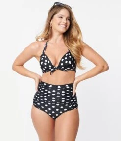 Unique Vintage Black & White Polka Dot Print Monroe Halter Bikini Top -Pleaser Clothing Store unique vintage black white polka dot print monroe halter bikini top 314702