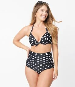 Unique Vintage Black & White Polka Dot Print Monroe Halter Bikini Top -Pleaser Clothing Store unique vintage black white polka dot print monroe halter bikini top 348761
