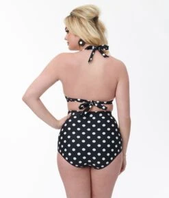 Unique Vintage Black & White Polka Dot Ruched Swim Bottom -Pleaser Clothing Store unique vintage black white polka dot ruched swim bottom 954510