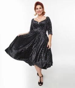Unique Vintage Black & White Polka Dot Velvet Lamar Swing Dress -Pleaser Clothing Store unique vintage black white polka dot velvet lamar swing dress 420139