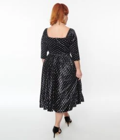Unique Vintage Black & White Polka Dot Velvet Lamar Swing Dress -Pleaser Clothing Store unique vintage black white polka dot velvet lamar swing dress 517709