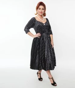 Unique Vintage Black & White Polka Dot Velvet Lamar Swing Dress -Pleaser Clothing Store unique vintage black white polka dot velvet lamar swing dress 867883