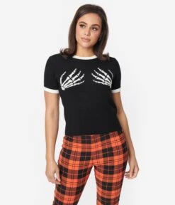 Unique Vintage Black & White Skeleton Hand Sweater 9 Unique Vintage Black & White Skeleton Hand Sweater -Pleaser Clothing Store unique vintage black white skeleton hand sweater 457706