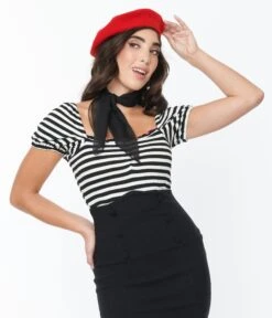 Unique Vintage Black & White Striped Sweetheart Top