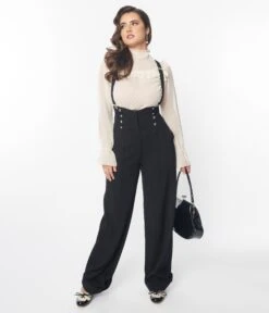 Unique Vintage Black Wide Leg Suspender Pants -Pleaser Clothing Store unique vintage black wide leg suspender pants 136538