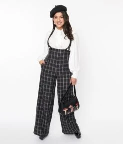 Unique Vintage Black Windowpane Plaid High Waist Suspender Trouser
