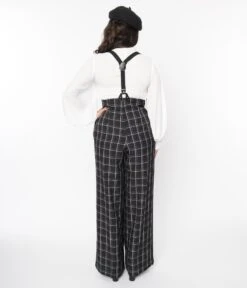 Unique Vintage Black Windowpane Plaid High Waist Suspender Trouser -Pleaser Clothing Store unique vintage black windowpane plaid high waist suspender trouser 794848