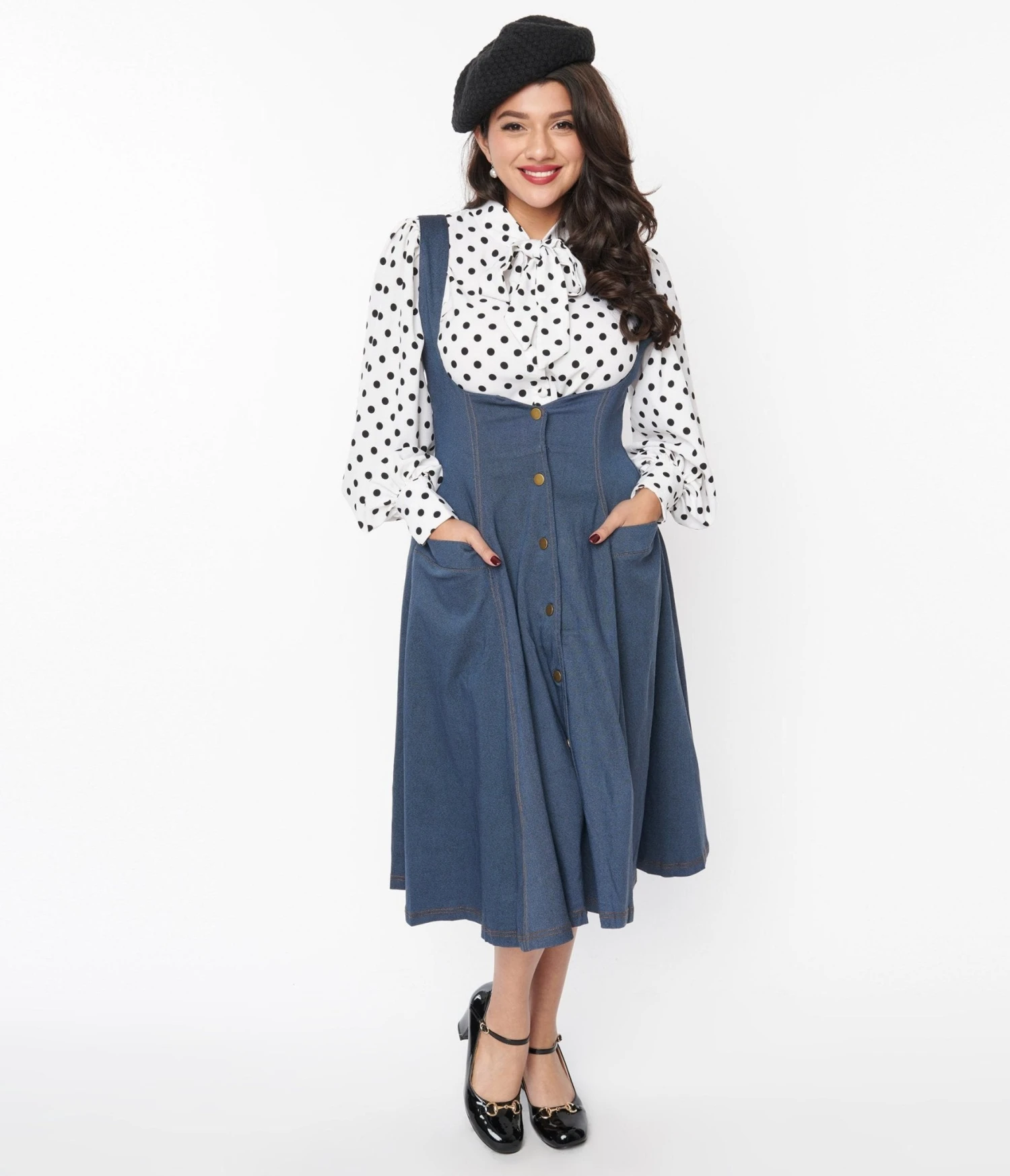 Unique Vintage Blue Denim Button Suspender Swing Skirt 1 Unique Vintage Blue Denim Button Suspender Swing Skirt