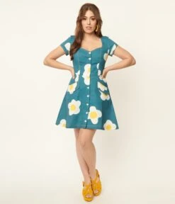 Unique Vintage Blue Denim & Egg Flower Print Fit & Flare Dress -Pleaser Clothing Store unique vintage blue denim egg flower print fit flare dress 189578