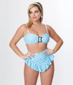 Unique Vintage Blue Gingham Ruffle High Waist Swim Bottom -Pleaser Clothing Store unique vintage blue gingham ruffle high waist swim bottom 395912