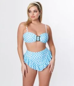 Unique Vintage Blue Gingham Ruffle High Waist Swim Bottom -Pleaser Clothing Store unique vintage blue gingham ruffle high waist swim bottom 572429