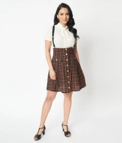 Unique Vintage Brown Plaid Suspender Flare Skirt -Pleaser Clothing Store unique vintage brown plaid suspender flare skirt 268300
