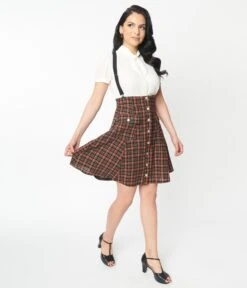 Unique Vintage Brown Plaid Suspender Flare Skirt -Pleaser Clothing Store unique vintage brown plaid suspender flare skirt 314207