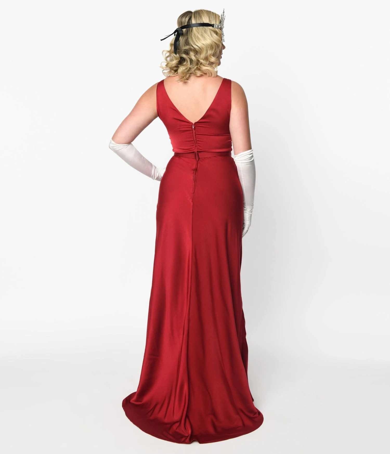 Unique Vintage Burgundy Belted Satin Gown 3 Unique Vintage Burgundy Belted Satin Gown - Image 3