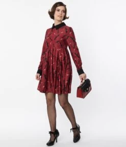 Unique Vintage Burgundy & Black Bats Baby Doll Dress -Pleaser Clothing Store unique vintage burgundy black bats baby doll dress 868082