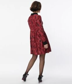 Unique Vintage Burgundy & Black Bats Baby Doll Dress -Pleaser Clothing Store unique vintage burgundy black bats baby doll dress 878151