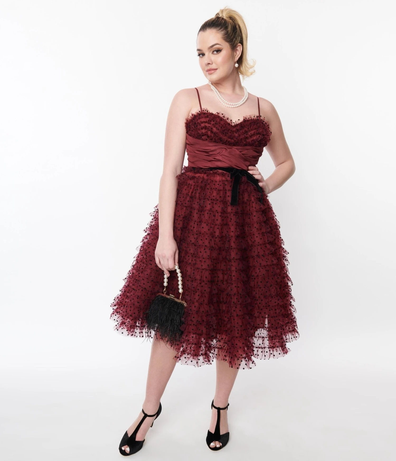 Unique Vintage Burgundy & Black Polka Dot Tulle Cupcake Swing Dress 4 Unique Vintage Burgundy & Black Polka Dot Tulle Cupcake Swing Dress - Image 4