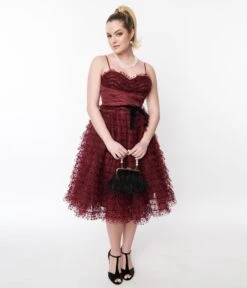 Unique Vintage Burgundy & Black Polka Dot Tulle Cupcake Swing Dress