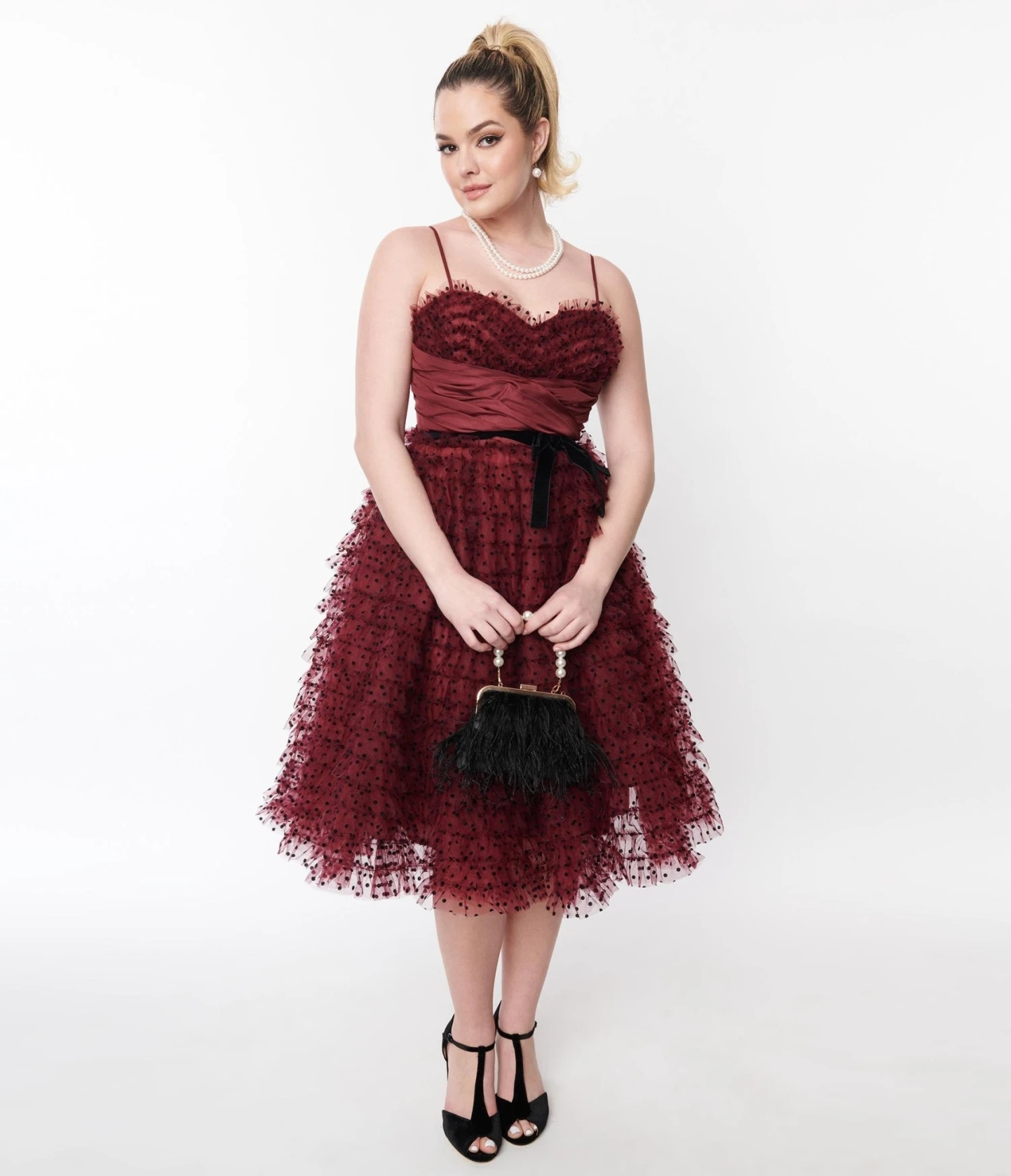Unique Vintage Burgundy & Black Polka Dot Tulle Cupcake Swing Dress 1 Unique Vintage Burgundy & Black Polka Dot Tulle Cupcake Swing Dress