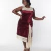 Unique Vintage Burgundy Crushed Velvet & Ivory Lace Flapper Dress