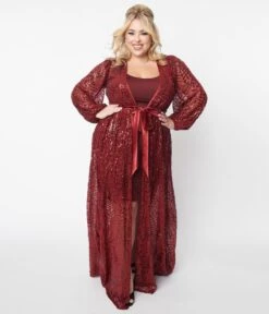 Unique Vintage Burgundy Spiderweb Sequin Hollywood Duster